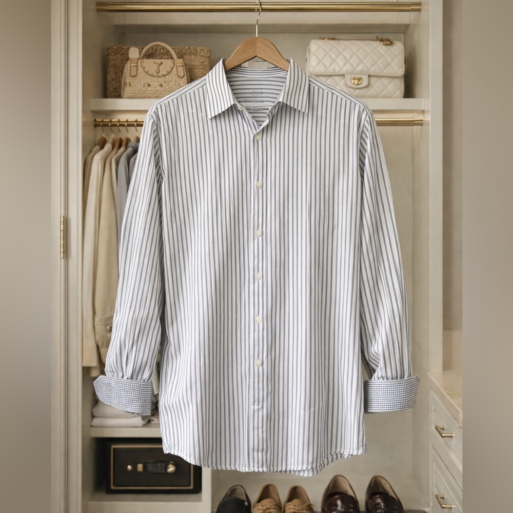 Bugatchi Black and White Striped Button Down Shirt